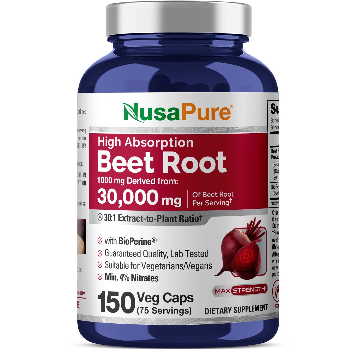 NusaPure Beet Root 30:1 Extract, 1000 mg Equivalent to 30,000 mg 150 Veggie caps (Vegan, Non-GMO & Vegan 4% Nitrates) Bioperine NusaPureBuy Supplements Australia