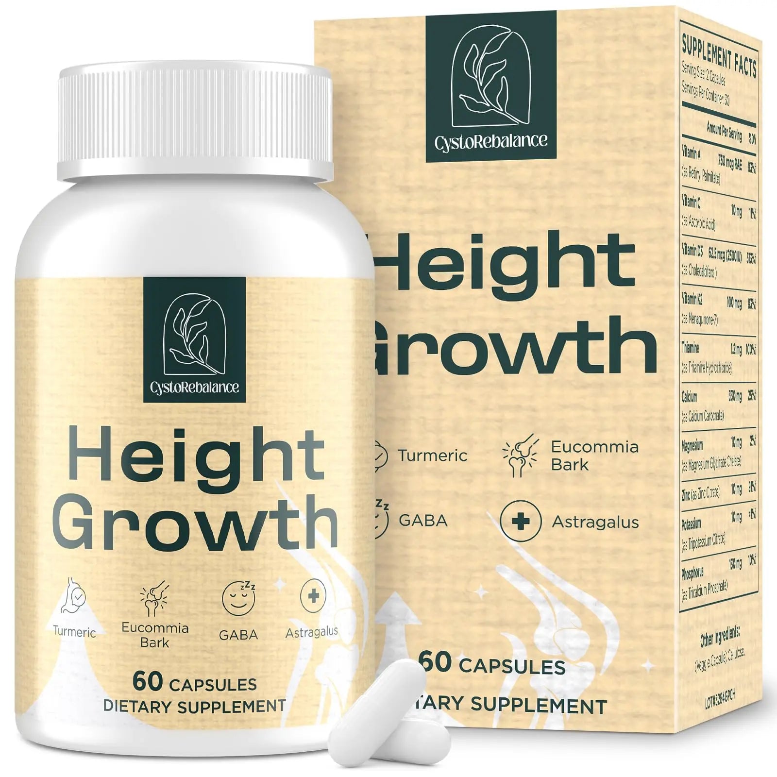 Supplement bottle and packaging labeled 'Height Growth' by OsteoRebalance.