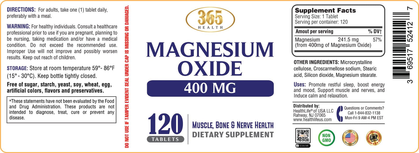 Magnesium 400mg [High Potency] Supplement – Magnesium Oxide for Immune Support, Muscle Recovery, Leg Cramps and Relaxation 120 Tablets-USA Made HEALTH LFEBuy Supplements Australia