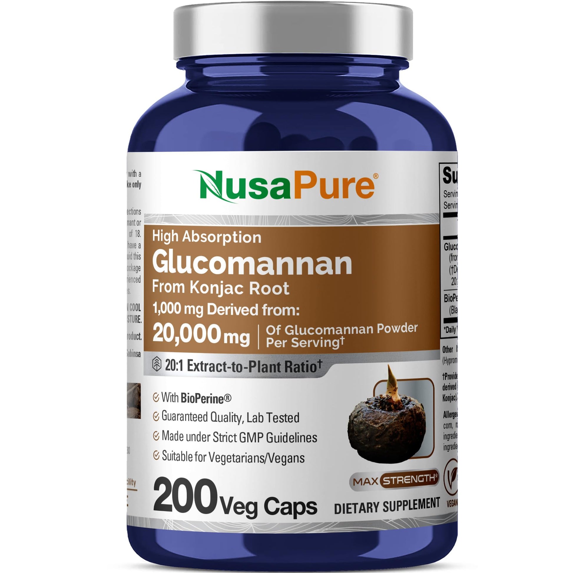 NusaPure Glucomannan 20,000 mg per Serving 200 VCaps (20:1 Extract, BioPerine Non-GMO, Vegan) Konjac Root NusaPureBuy Supplements Australia