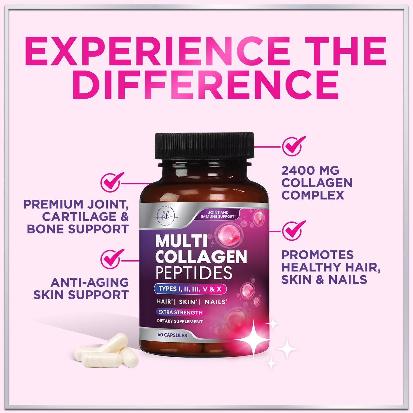 Multi Collagen Supplement 2400 mg - Types I, II, III, V & X Multi Collagen Peptides Pills for Women & Men, Hydrolyzed Collagen Supplements, Hair, Skin, Nail, & Joint Support Supplement, 60 Capsules Hello Lovely!Buy Supplements Australia