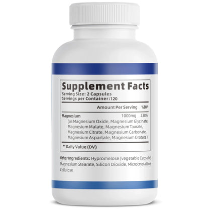 1000mg Magnesium Complex Capsules, 8-in-1 Magnesium Glycinate, Citrate, Malate, Taurate, Oxide, Carbonate, Aspartate, Orotate - 240 Capsules VivoNu