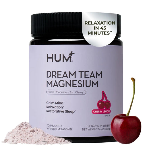 Hum Dream Team Magnesium supplement jar with a cherry on a white background