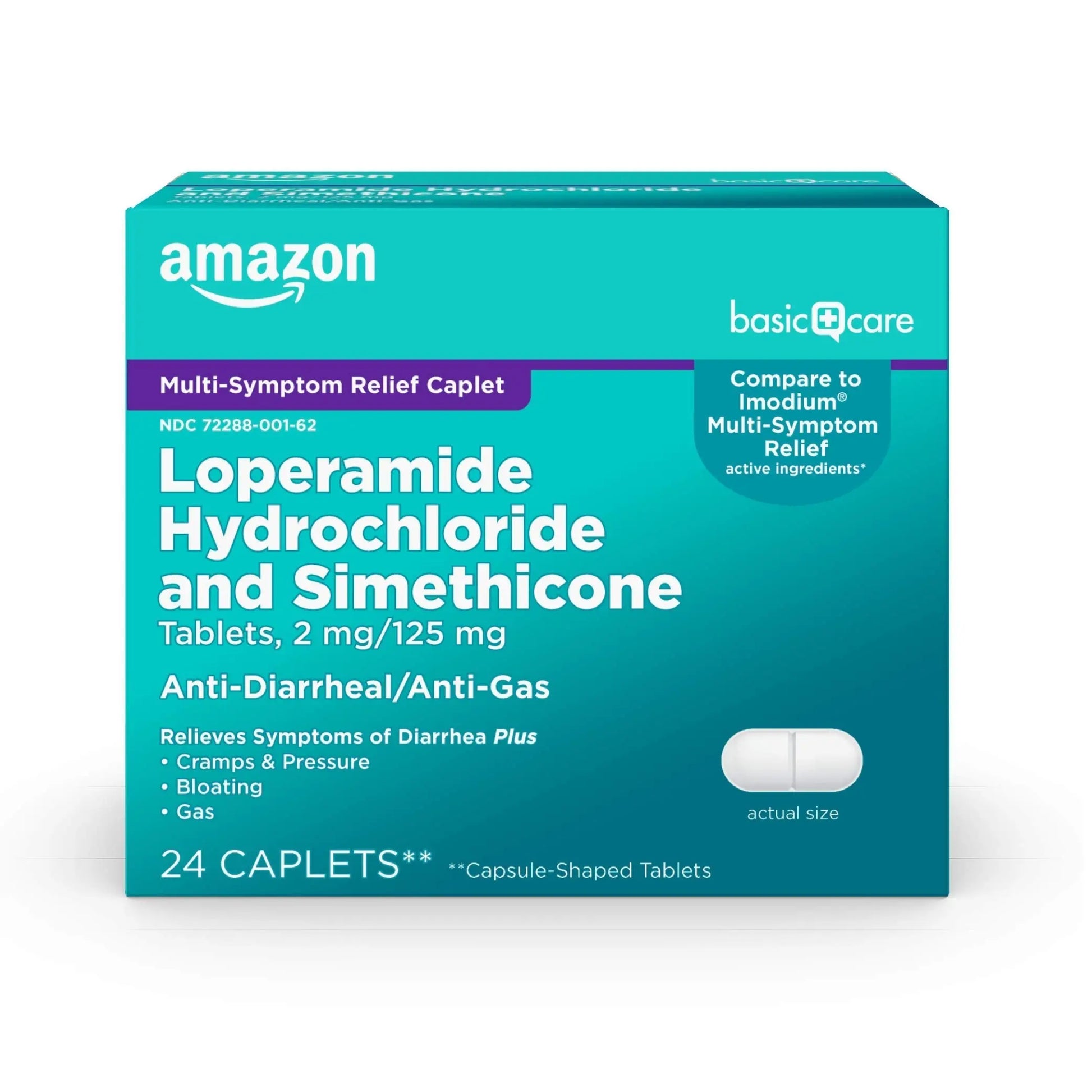 Amazon Basic Care Loperamide Hydrochloride and Simethicone packaging on a white background