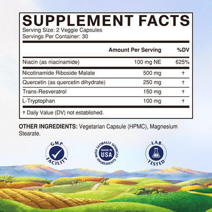 Vitalitown 5 in 1 NAD+, NMN Supplement Alternatives, Nicotinamide Riboside (NR), Trans-Resveratrol, Quercetin, Niacinamide, L-Tryptophan, for Cellular Energy, Heart, Skin, 60 Veggie Capsules VitalitownBuy Supplements Australia