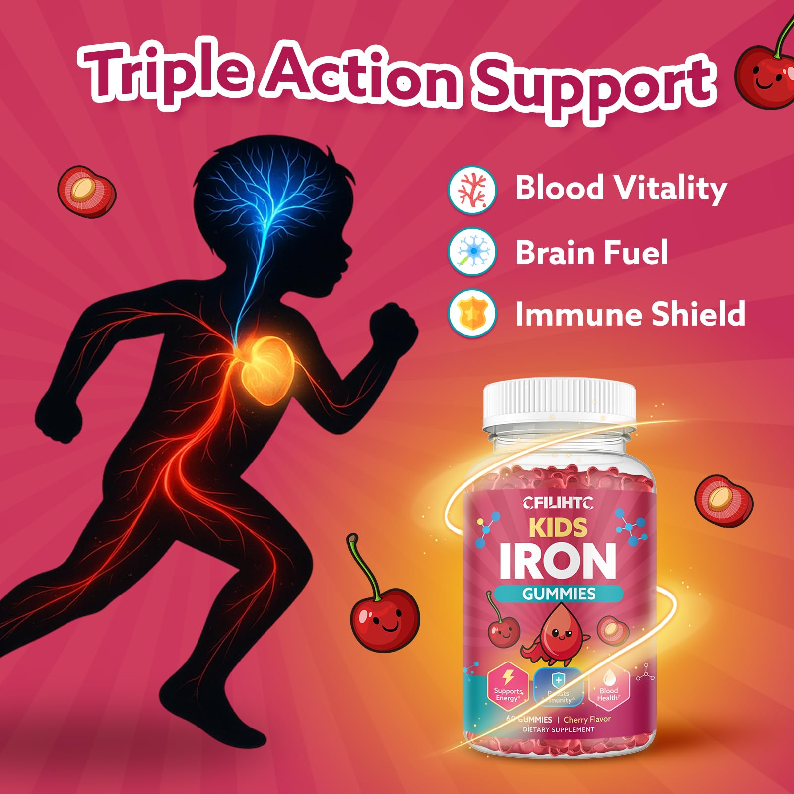 Iron Gummies for Kids & Teens, Kids Multivitamin with Iron Supplement, Calcium, Folate, Zinc, Prebiotic - for Blood Builder & Energy Support, Iron Deficiency - Vegan & Non-GMO - 60 Count Cherry CFILIHTCBuy Supplements Australia