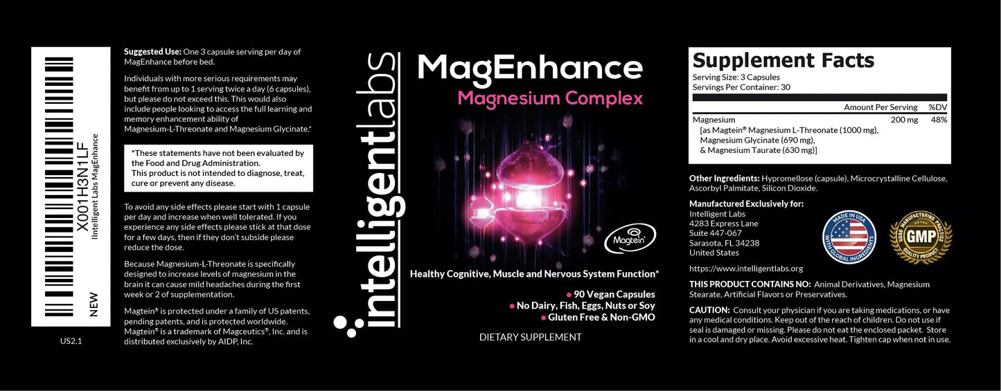Intelligent Labs MagEnhance Magtein Magnesium Complex Supplement L-Threonate with Magnesium Glycinate and Taurate, 90 Capsules Intelligent Labs