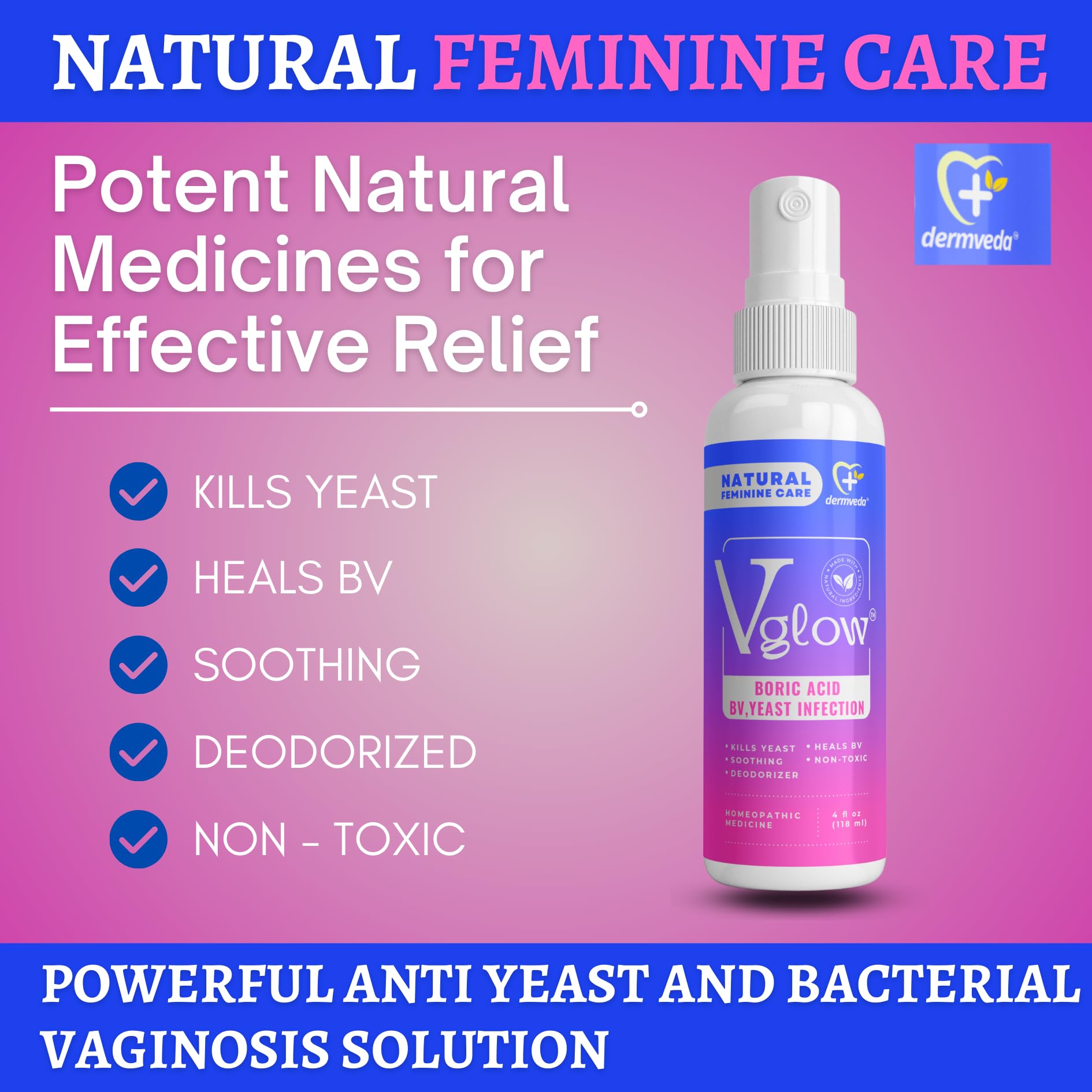 Dermveda Boric Acid BV Relief for Women - Natural Yeast Infection, Odor, Itch Relief Solution DermvedaBuy Supplements Australia