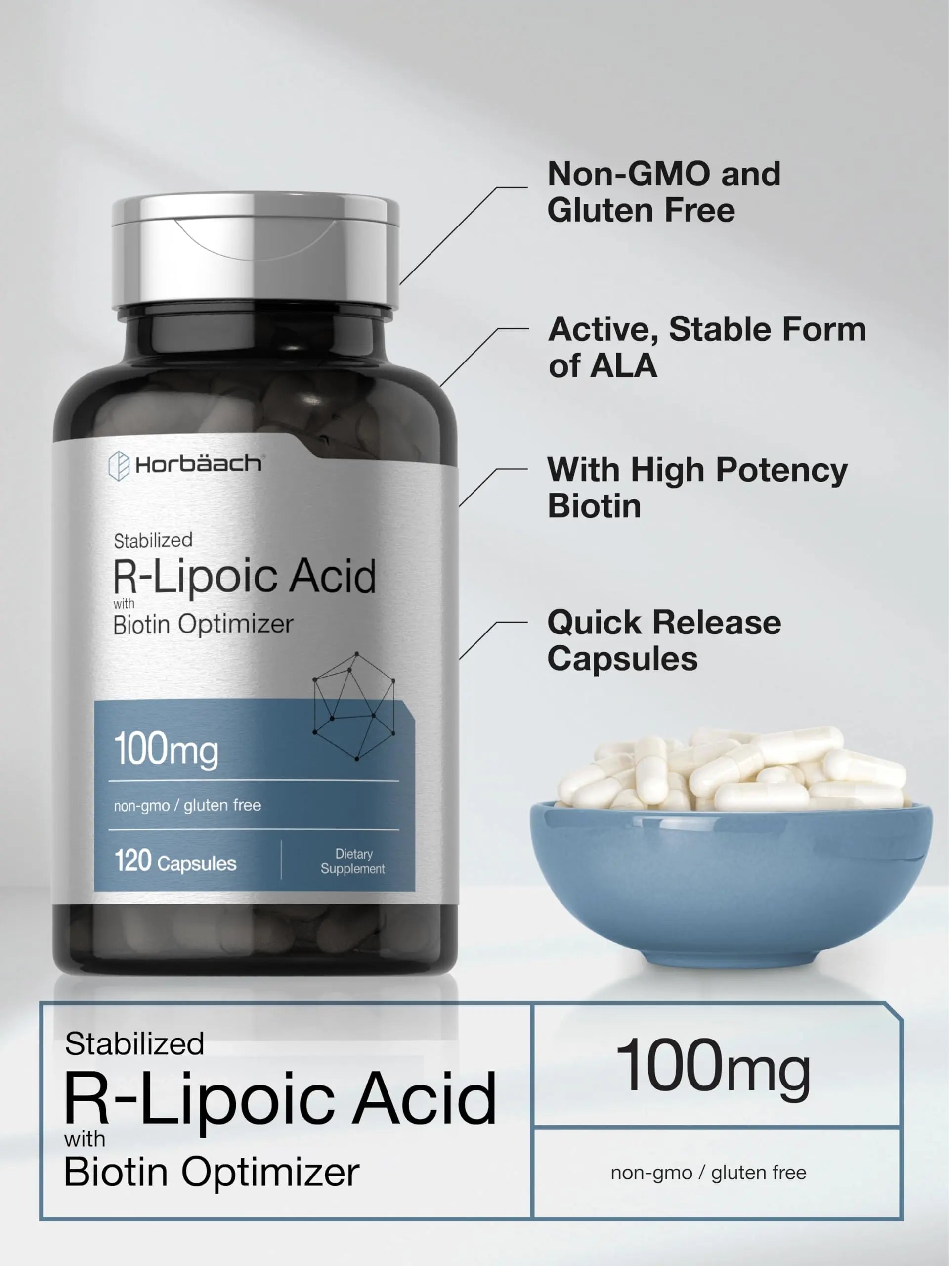 R-Lipoic Acid 100 mg | 120 Capsules | with Biotin Optimizer | Non-GMO, Gluten Free Horbäach