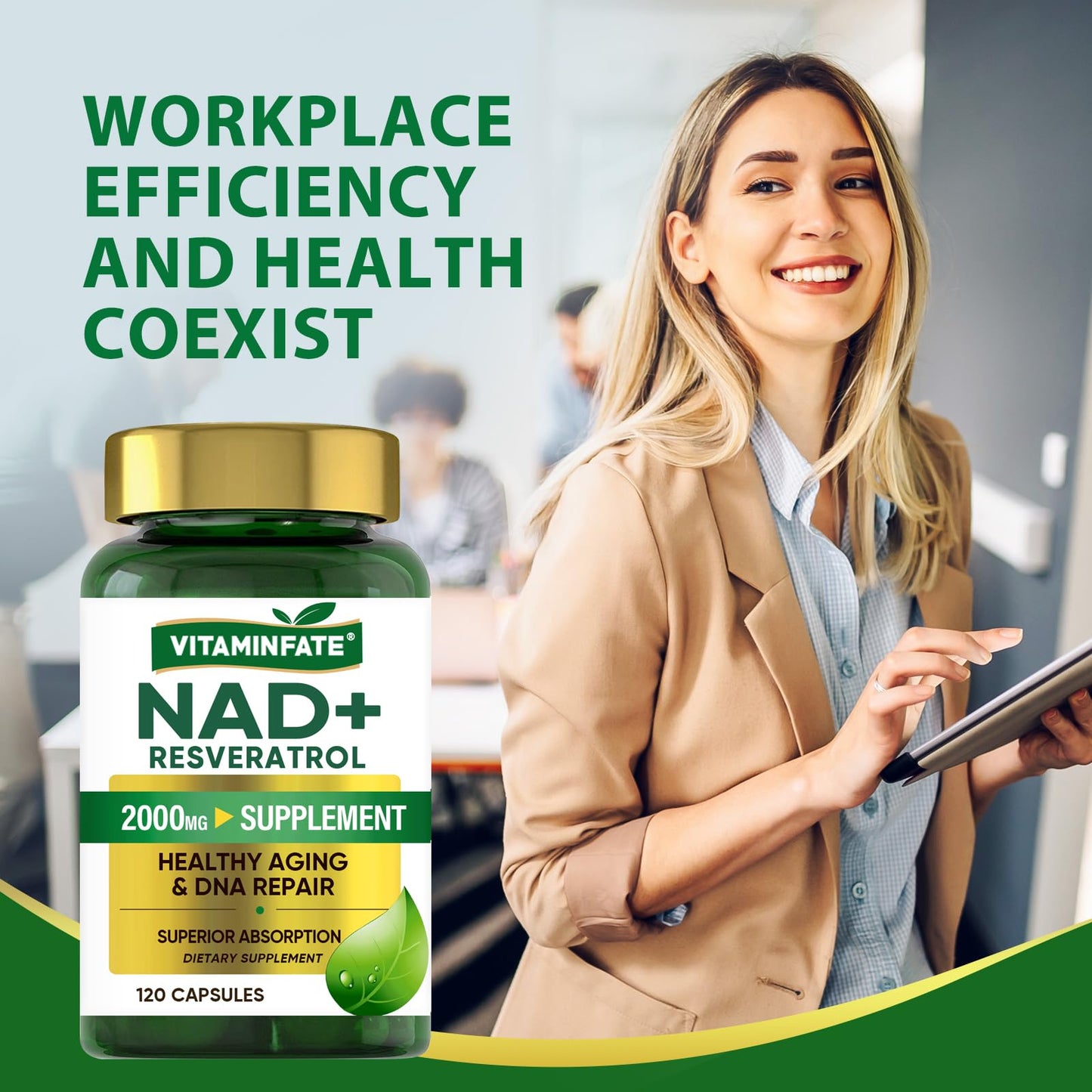 VITAMINFATE NAD+ Supplement 2000 mg - 120 Capsules True NAD+ & Resveratrol, NMN Alternative Supports Anti-Aging, Cellular Energy & Repair, Metabolism & Brain Boost for Men & Women VITAMINFATEBuy Supplements Australia