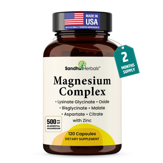 Complete Magnesium Complex 500mg for Women & Men | 120 Capsules | 6 in 1 Mag Supplement with Zinc | Quality Sleep & Muscle Health | Glycinate, Citrate SANDHUHERBALS