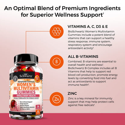 Women's Multivitamin Gummies with A C B6 B12 D & E Vitamins for Immune Support BioSchwartz