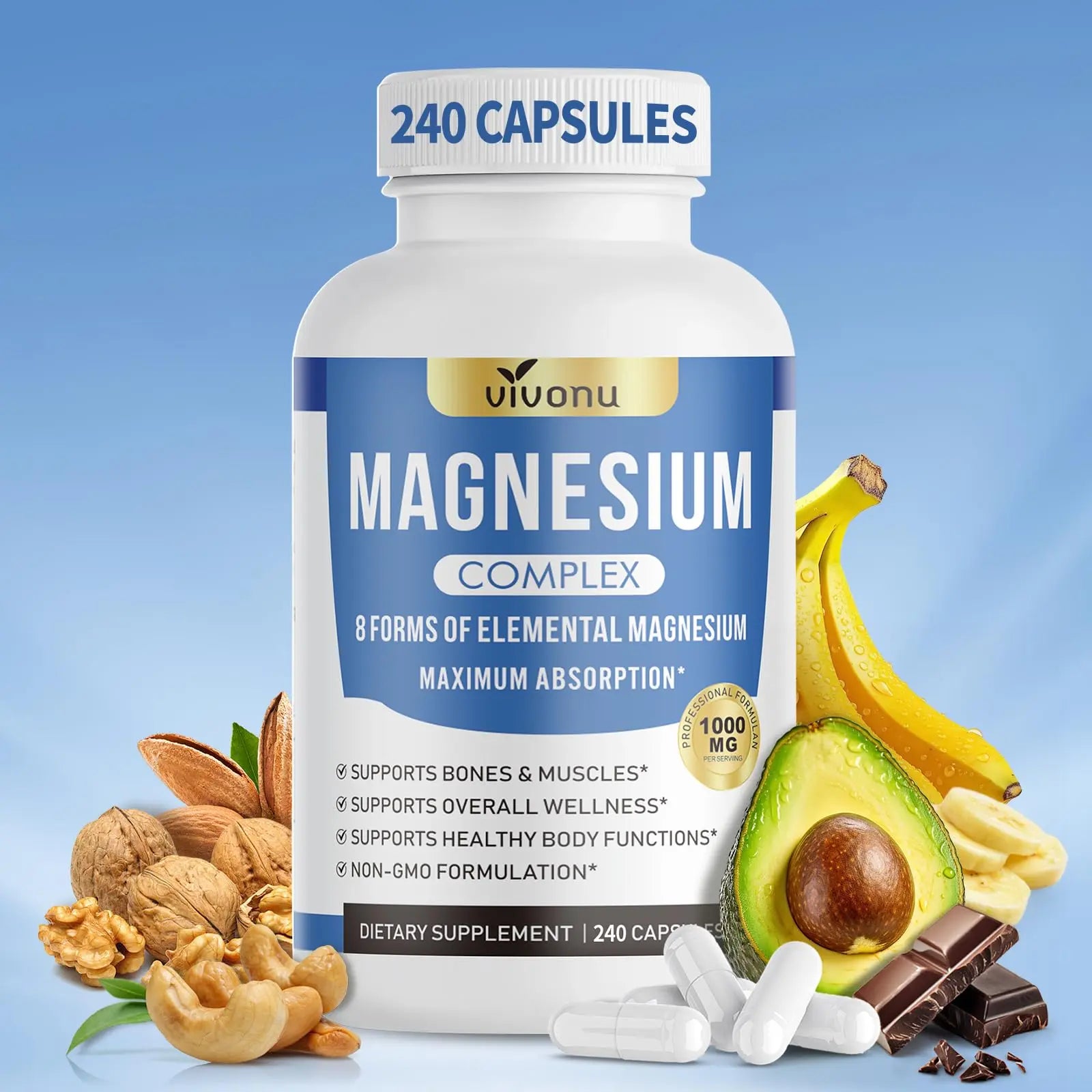 1000mg Magnesium Complex Capsules, 8-in-1 Magnesium Glycinate, Citrate, Malate, Taurate, Oxide, Carbonate, Aspartate, Orotate - 240 Capsules VivoNu