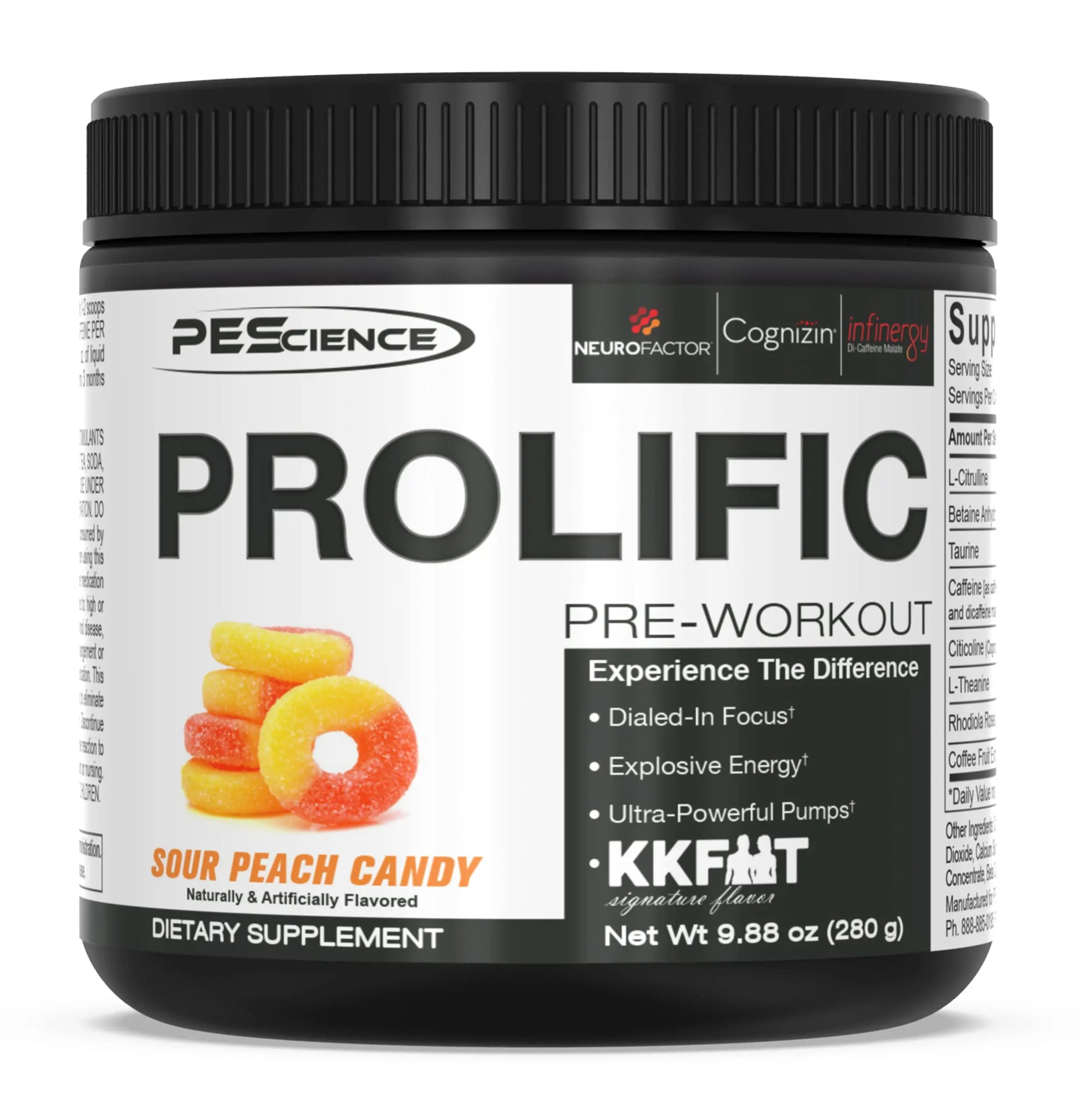 PEScience Prolific Pre Workout Powder, Sour Peach Candy, 40 Scoop, Energy Supplement PEScience