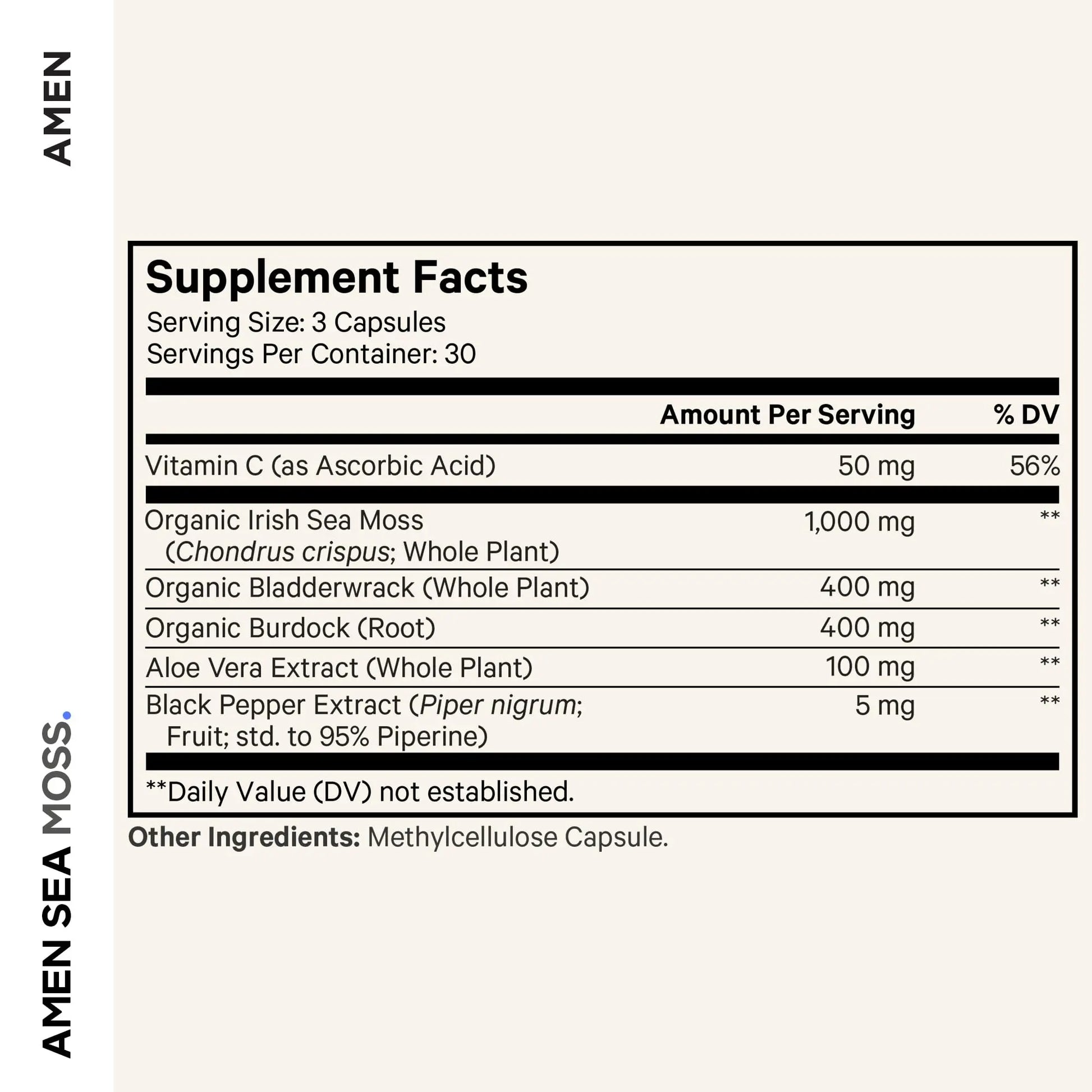 Amen Sea Moss Supplement - 1000mg Organic Irish Sea Moss, Bladderwrack, Burdock - Vitamin C, Aloe Vera, Black Pepper - Seaweed Superfood, Vitamins, Minerals, and Antioxidants - Non-GMO - 90 Capsules Amen buy supplements Au