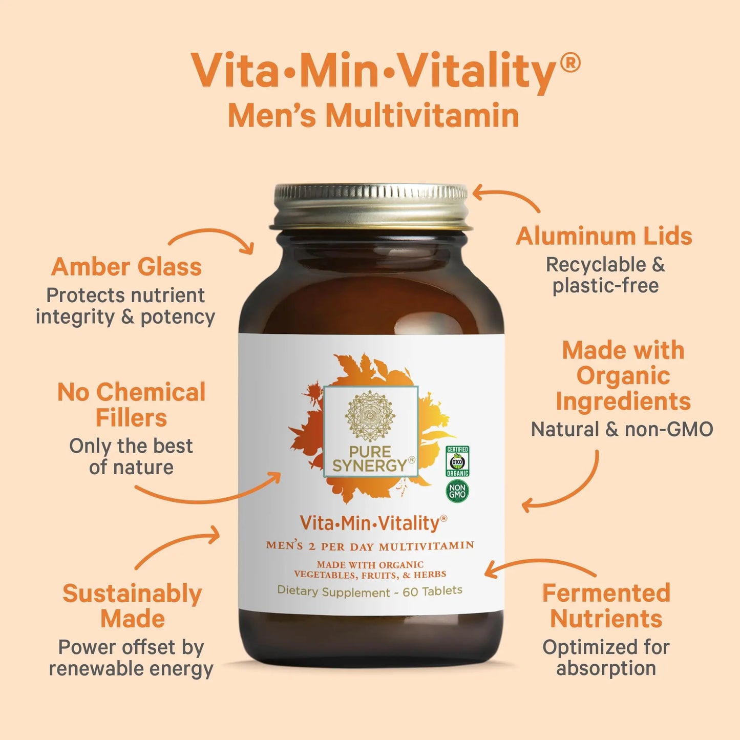 PURE SYNERGY Vita·Min·Vitality | Natural Multivitamin for Men | Men’s Daily Multivitamin Made with Organic Whole Foods | for Energy, Stress, and Immune Support (60 Tablets) PURE SYNERGY buy supplements Au