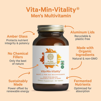 PURE SYNERGY Vita·Min·Vitality | Natural Multivitamin for Men | Men’s Daily Multivitamin Made with Organic Whole Foods | for Energy, Stress, and Immune Support (60 Tablets) PURE SYNERGY buy supplements Au