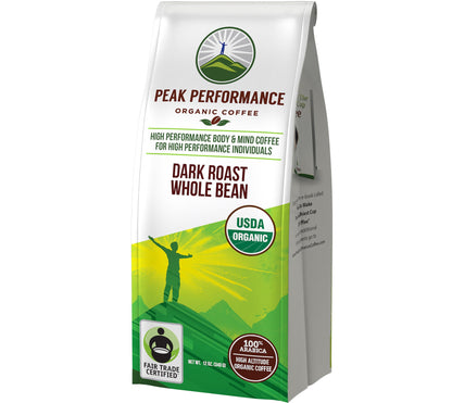 Peak Performance High Altitude Organic Coffee - Fair Trade, Low Acid, Non GMO, and Beans Full of Antioxidants - Dark Roast Smooth Tasting USDA Certified Organic Whole Bean Coffee Bag 12 oz Peak PerformanceBuy Supplements Australia