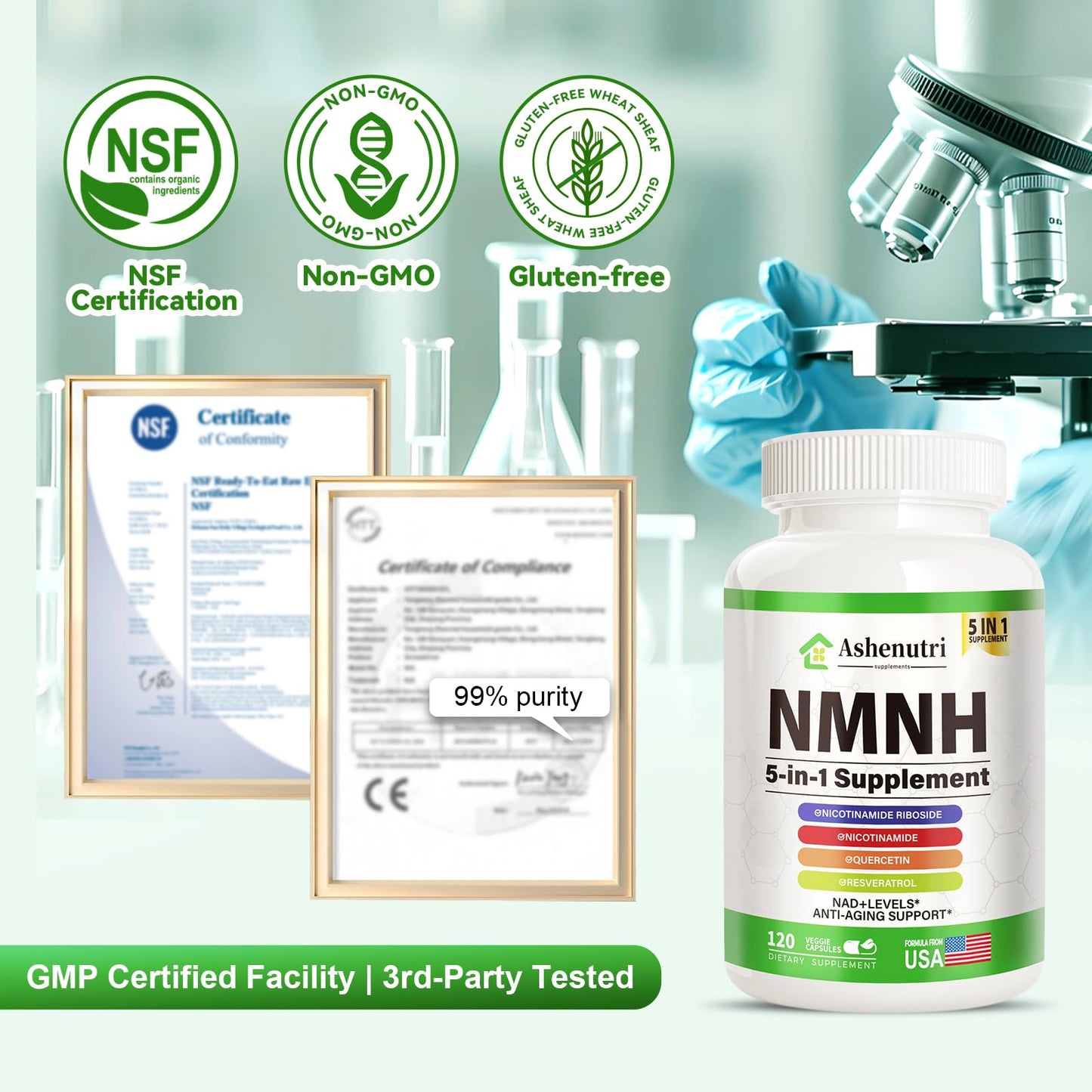 NMNH (Dihydronicotinamide Mononucleotide), NMN Alternative Supplement w/Niacinamide (Vitamin B3), Quercetin, Trans-Resveratrol, Support NAD+, Skin Cell Health*, Anti-Aging & Energy, 120 Caps AshenutriBuy Supplements Australia