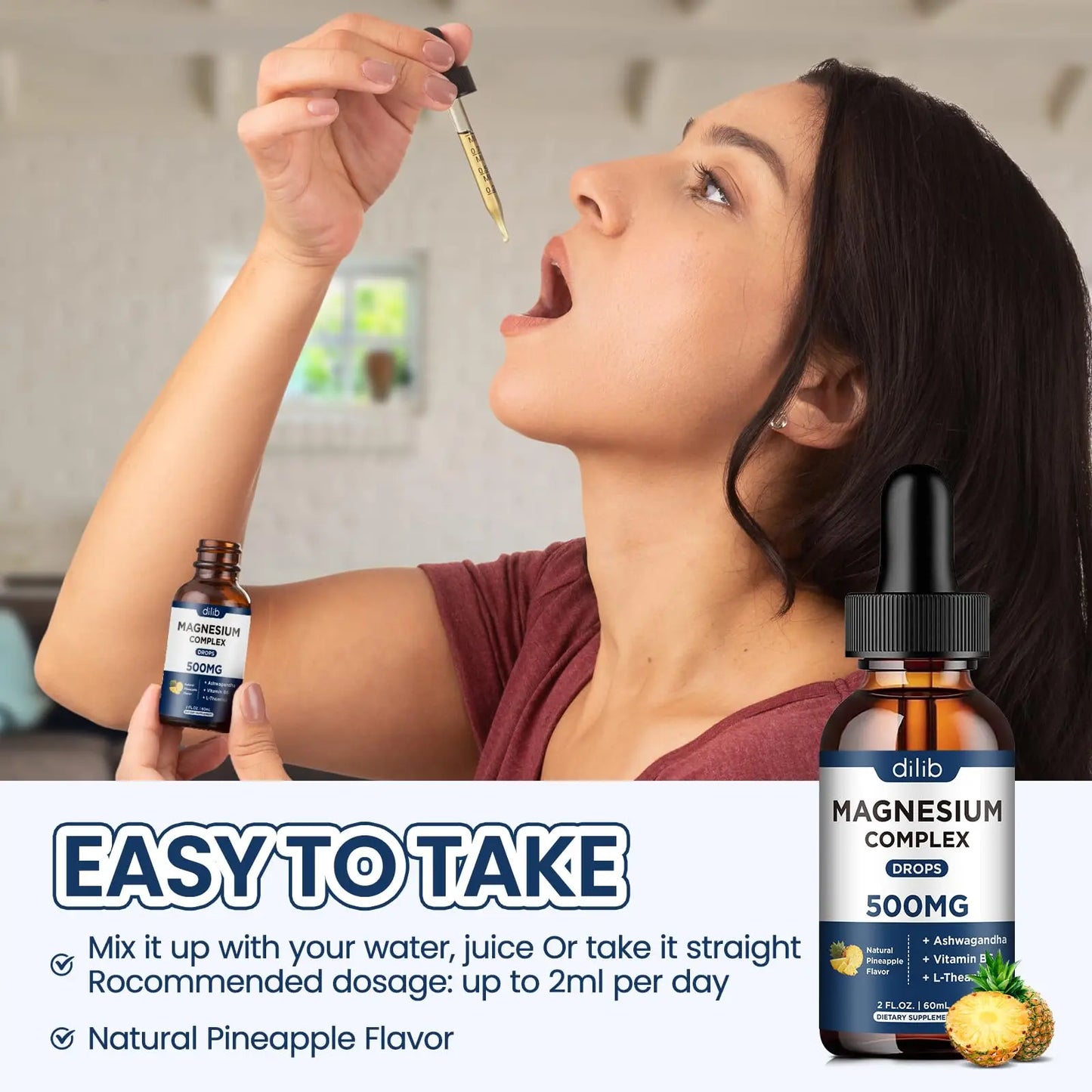 Triple Magnesium Complex Supplement-Magnesium Glycinate, Citrate, Malate Liquid Drops 500mg with Ashwagandha, L-Theanine, Vitamin B6 for Calm, Stress Relief, Sleep, Muscle Support-Pineapple Flavor dilib buy supplements Au