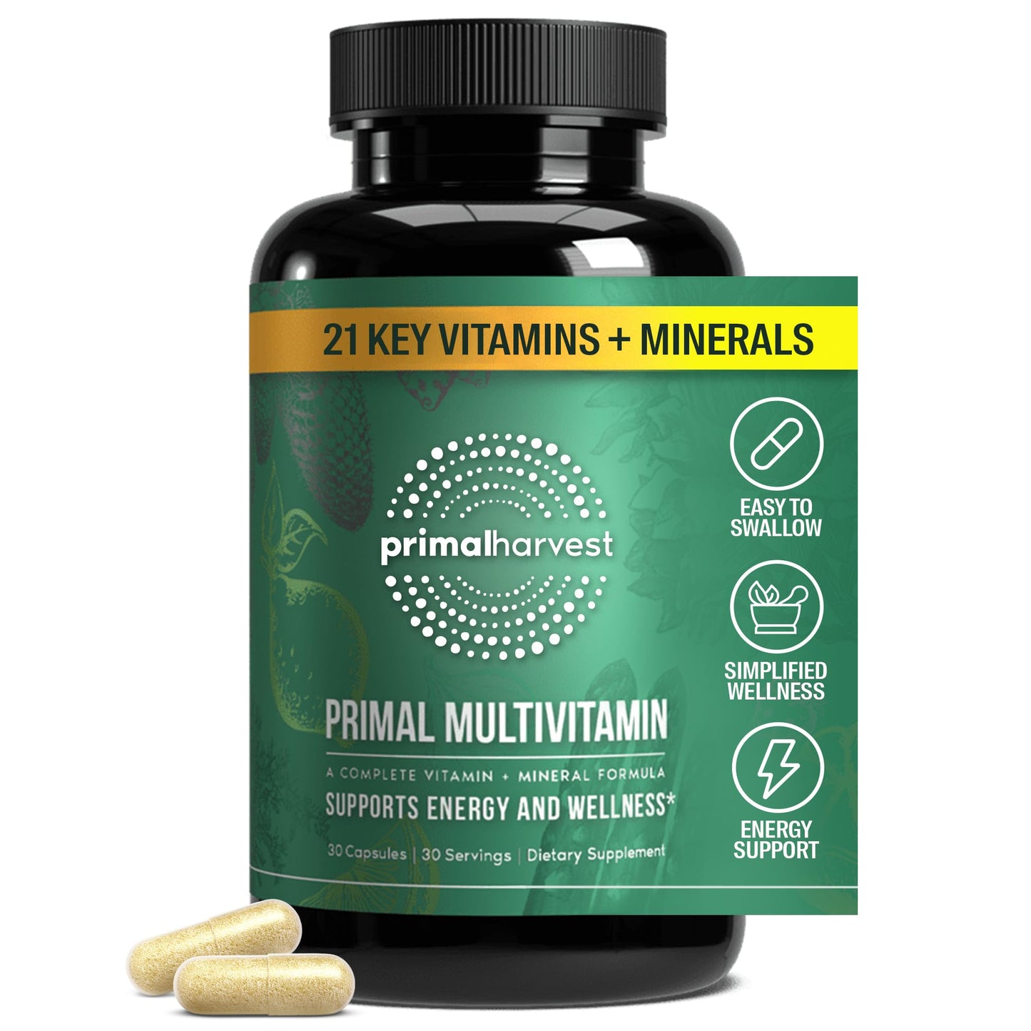 Primal Harvest Primal Multivitamin - Daily Multi-Vitamin Supplement with 21 Essential Vitamins & Minerals for Women & Men - Vitamin A, C, D, E, B12, B6