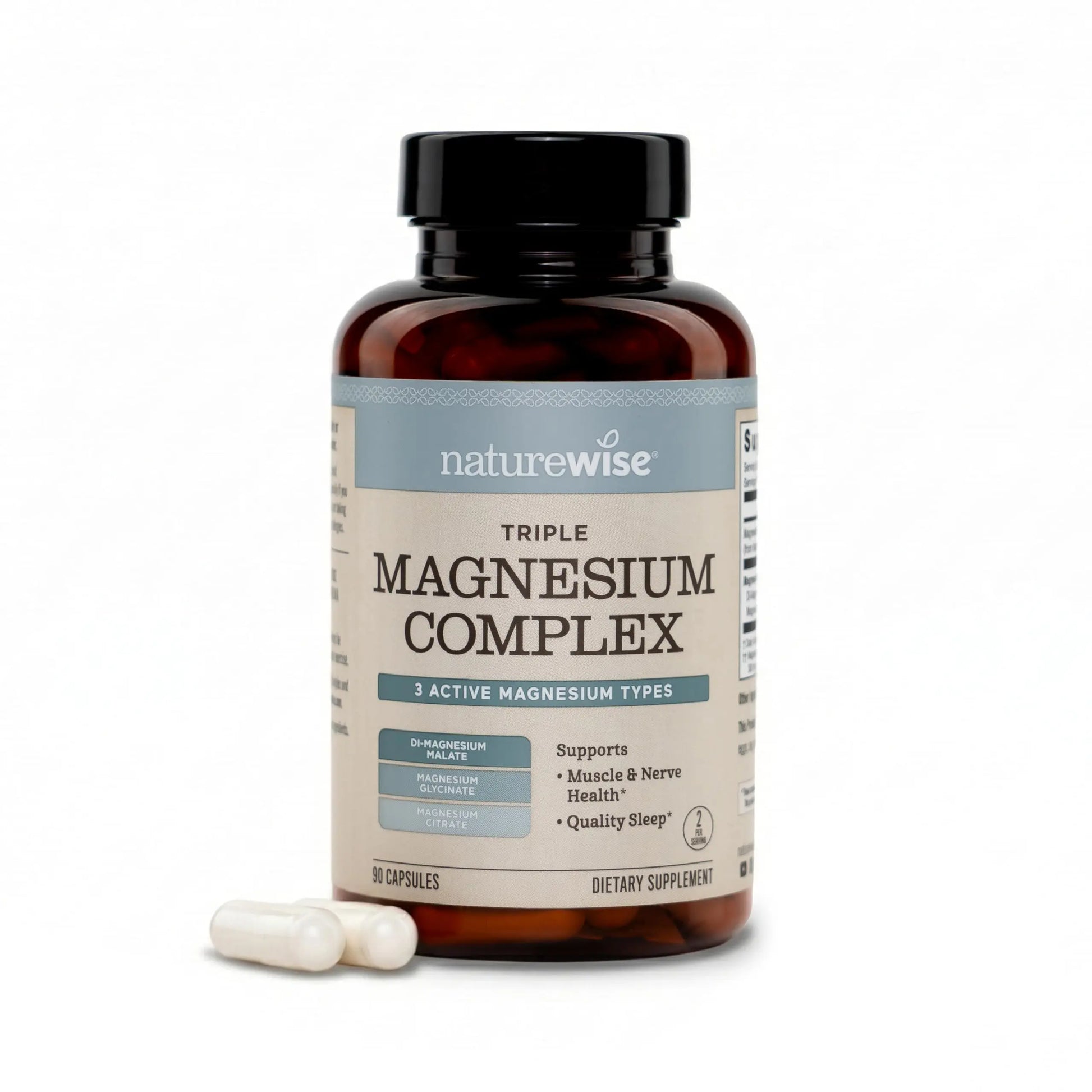 Naturewise Triple Magnesium Complex supplement bottle with capsules on a white background