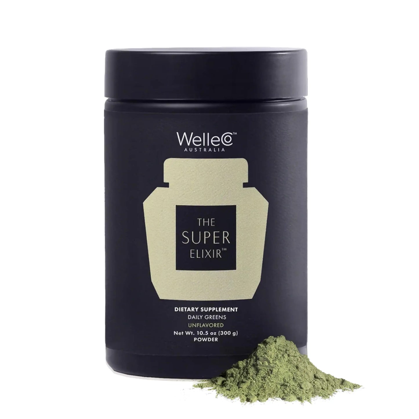Black container of WelleCo Super Elixir dietary supplement with green powder on a white background