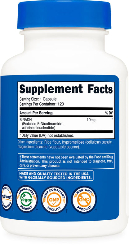 Nutricost NADH 10mg Per Serving 120 Capsules - B-Nicotinamide Adenine Dinucleotide, Vegan, Gluten-Free NutricostBuy Supplements Australia