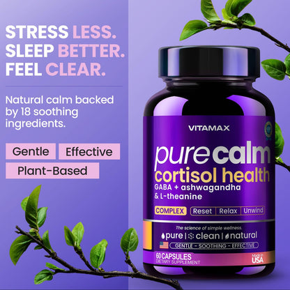 Vitamax Pure Calm Cortisol Supplements for Women - L Theanine, Ashwagandha, GABA for Relaxation, Mood & Stress Support with Ginkgo Biloba, Bacopa Monnieri, 5-HTP – Non-GMO, Made in USA – 60ct VitamaxBuy Supplements Australia