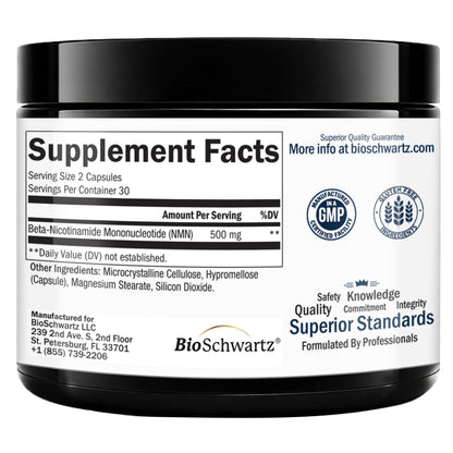 BioSchwartz NMN Supplement - 500mg Nicotinamide Mononucleotide - 30 Servings, 60 Capsules - Made in The USA with Premium Globally Sourced Ingredients, Third-Party Tested, Gluten-Free NMN Supplement BioSchwartzBuy Supplements Australia