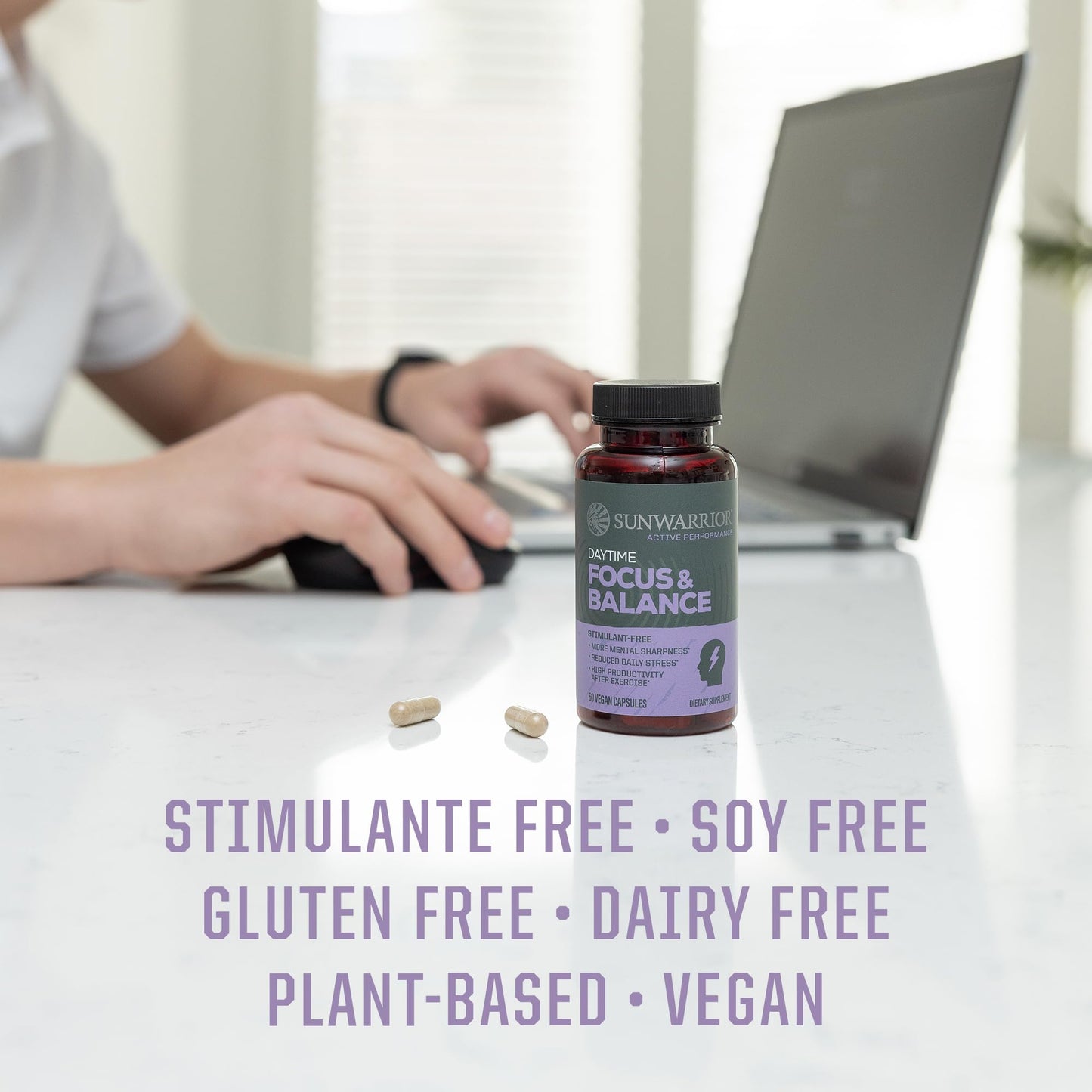 Ashwagandha, Rhodiola, Reishi & 5-HTP for Stress-Free Focus Active Focus & Balance Capsules Caffeine-Free Nootropic for Calm Energy & Mental Clarity, Mood & Immune Support 60 Vegan Capsules SunwarriorBuy Supplements Australia