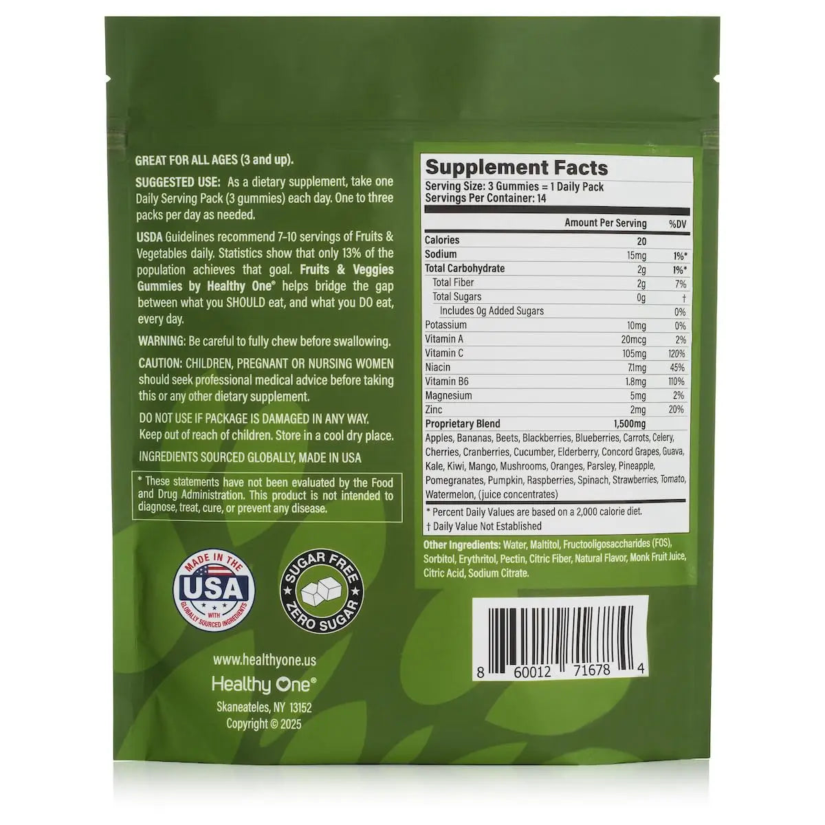 Fruits & Veggies Sugar-Free Gummies - 27 Whole Foods - Equals 3 Servings of Fruits & Vegetables - Improve Energy, Focus & Immune Function - Fiber - Antioxidants - Organic Ingredients - 14 Packets Healthy One buy supplements Au