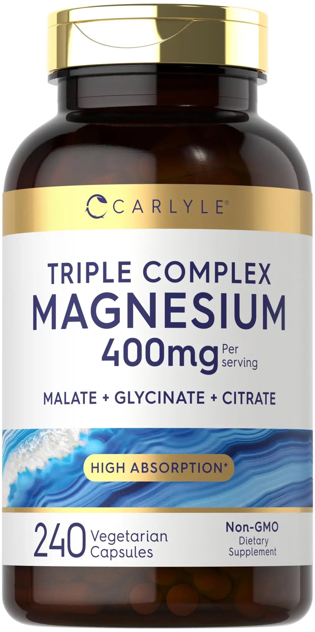 Supplement bottle labeled 'Triple Complex Magnesium 400mg' by Carlyle on a white background.