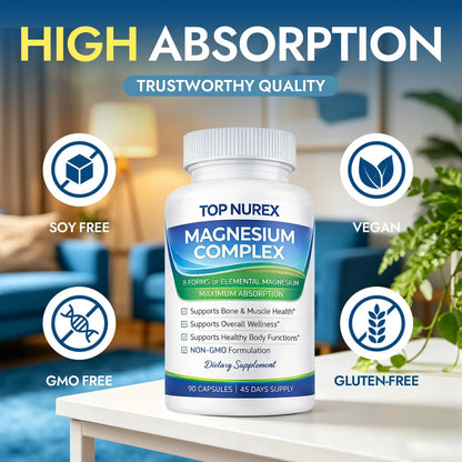 Top Nurex Magnesium Complex 1000 mg, 8-Source Magnesium Blend with Glycinate, Citrate, Malate & Taurate, Vegan Formula, Non-GMO, 90 Capsules Top Nurex buy supplements Au