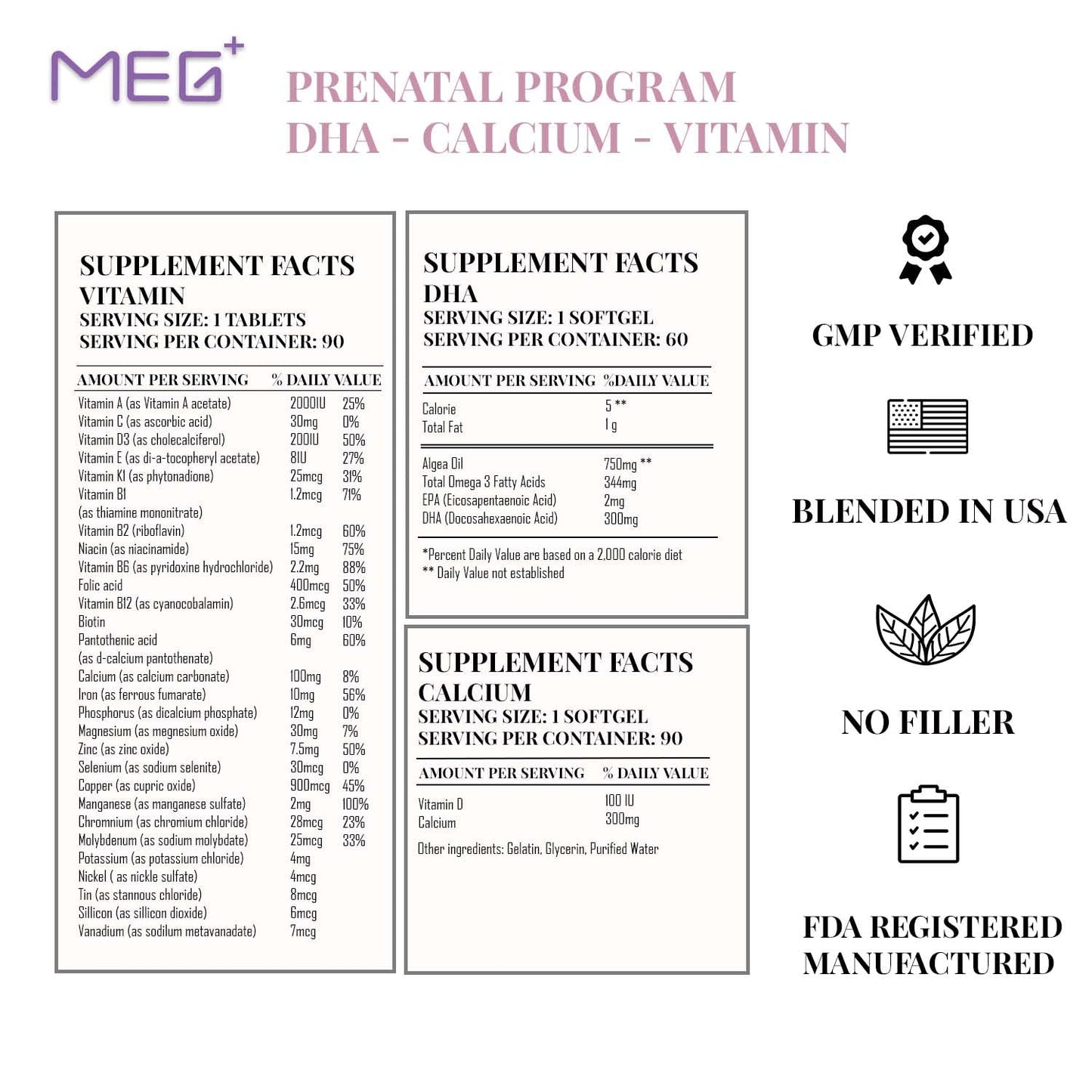 MEG+ Prenatal Supplement DHA Calcium Vitamin | 2-Month Supply 180 Counts |Omega-3 DHA Algal MEG+
