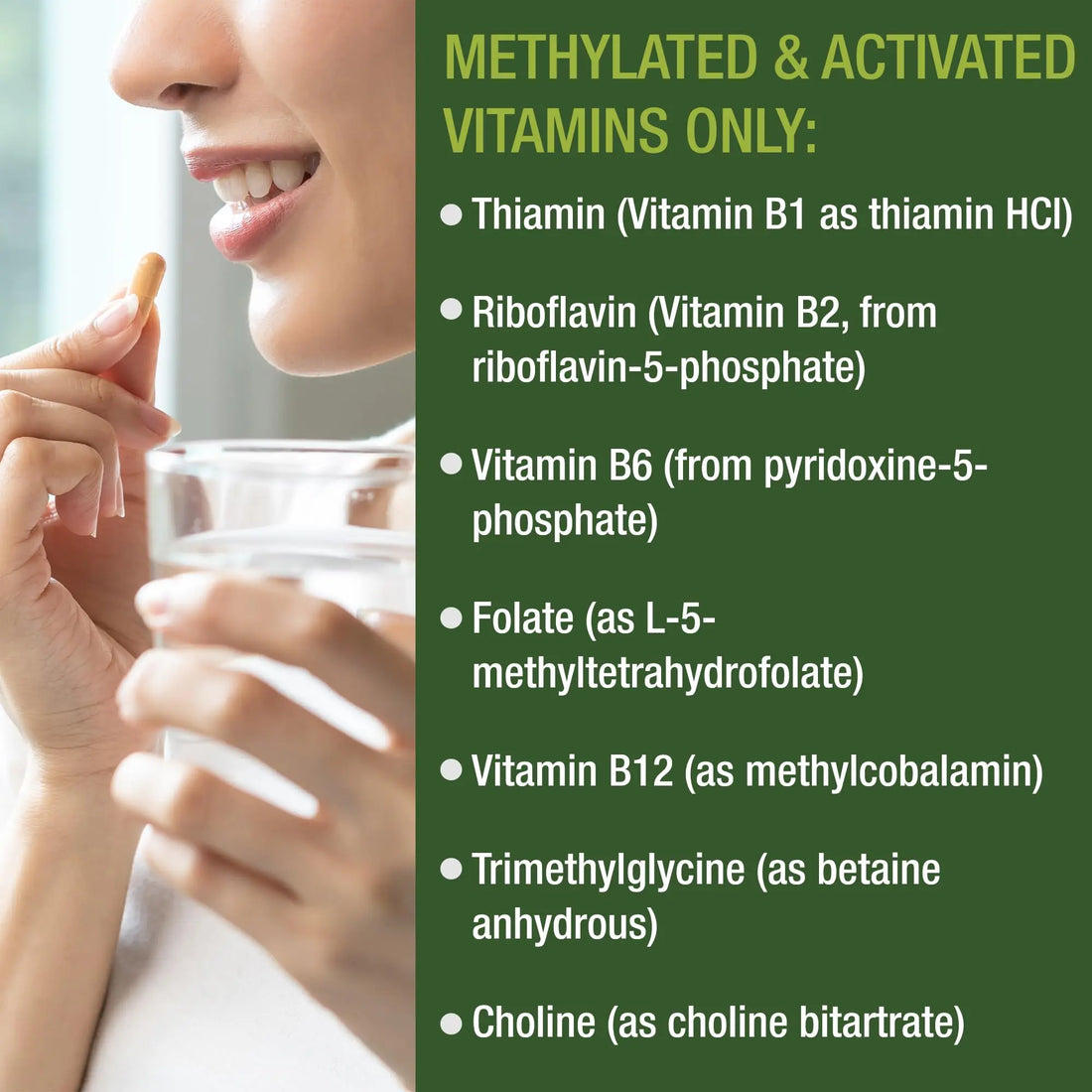 Methylated Multivitamin + Methylated B Complex Supplement. With Trimethylglycine (TMG), L Methylfolate, Methyl B12 + B1 + B2 + B6 Vitamins + Choline Peak Performance