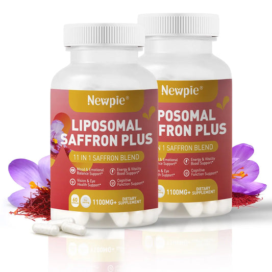 Two bottles of Newpie Liposomal Saffron Plus and Posomal Fron Plus supplements on a white background with saffron flowers.