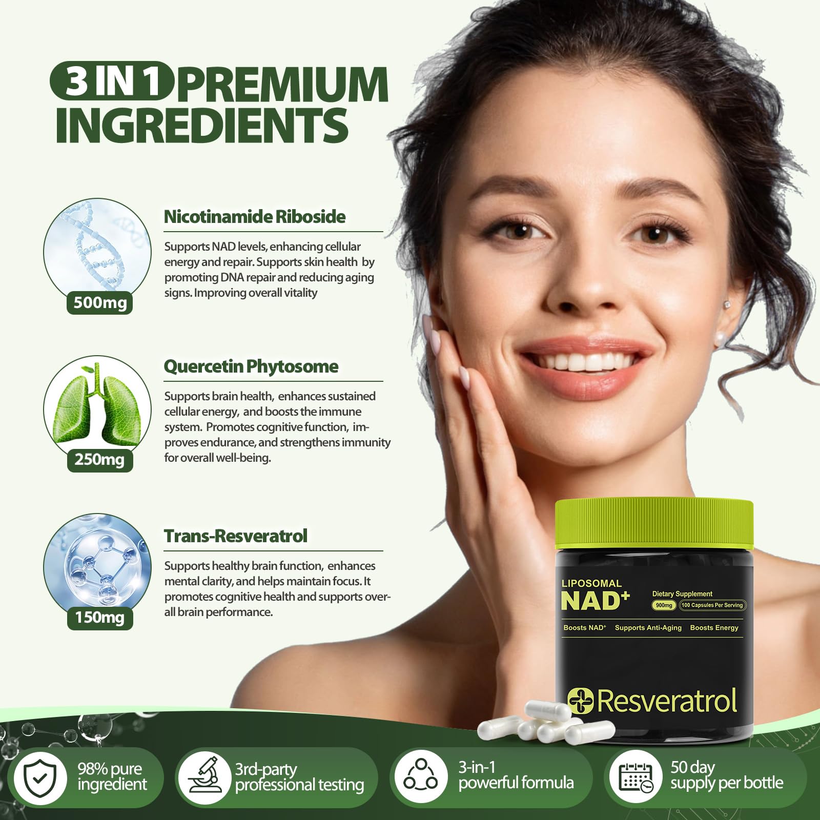 BOSNETHUINH NAD+ Supplement, NAD Nicotinamide Riboside Resveratrol, Liposomal NAD - NMNH Supplement Alternative for Anti-Aging, Mental Clarity & Cellular Energy 100 Capsules BOSNETHUINHBuy Supplements Australia