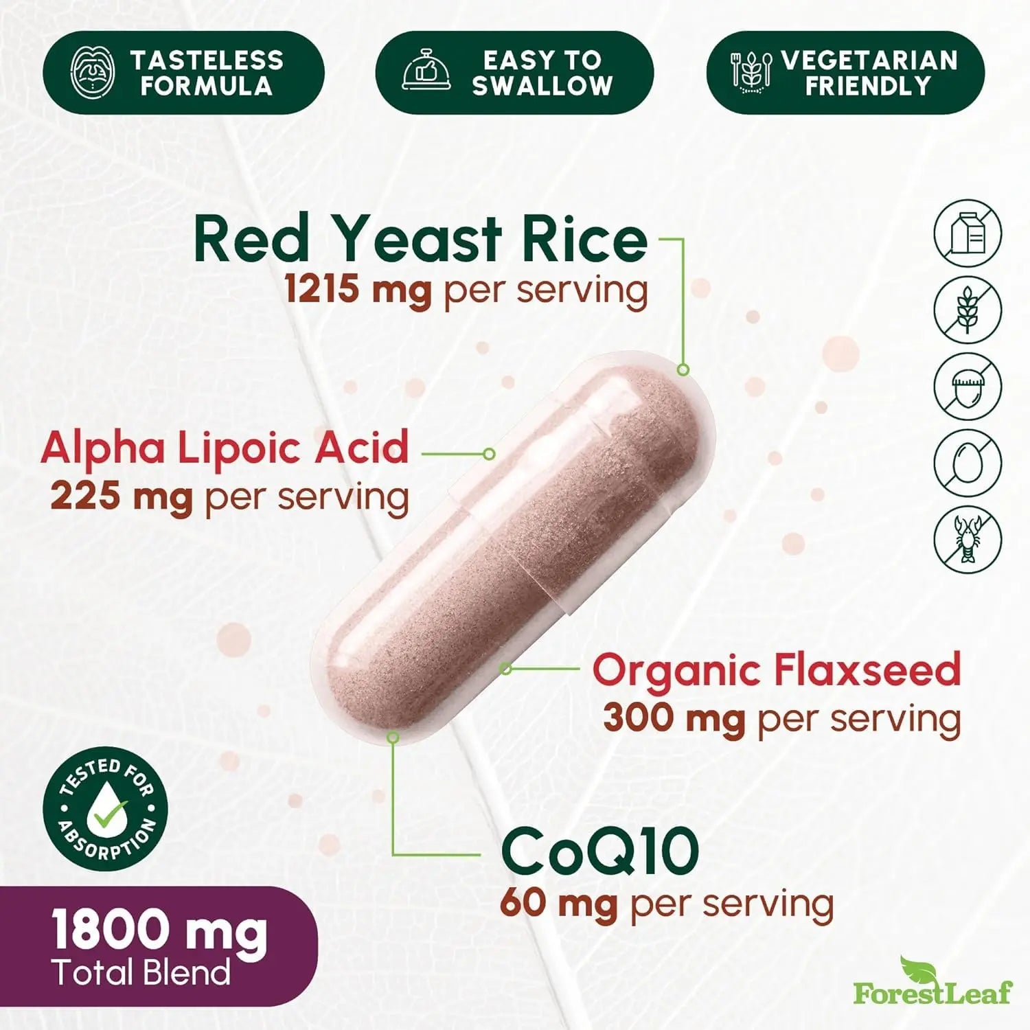 Red Yeast Rice 1215 mg. Capsules - Extra Strength Red Rice Yeast with CoQ10 Supplement, Plus Alpha Lipoic Acid & Organic Flaxseed, Citrinin Free, ForestLeaf