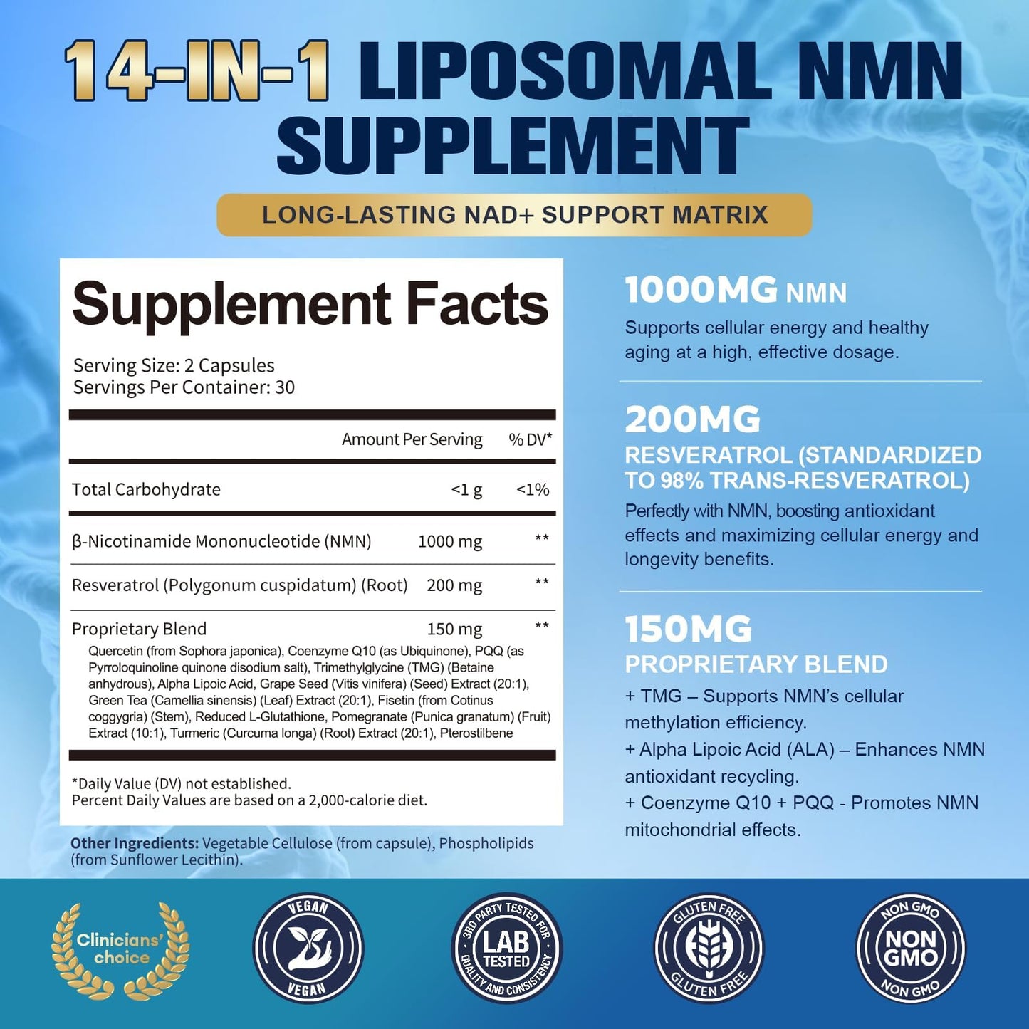 Totaria Liposomal NMN Supplement 1000mg, 14-in-1 NMN Resveratrol Complex with CoQ10, TMG, Quercetin, ALA, PQQ, Support NAD Levels, Cellular Energy & Healthy Aging, 60 Capsules, cGMP, Filler Free TotariaBuy Supplements Australia