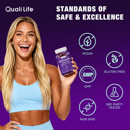 QualiLife Ashwagandha Gummies for Relax & Cortisol Support – High Strength Root Extract with Cranberry & Chaste Tree, Grapefruit & Berry Flavour – Vegan, Non-GMO, Gluten-Free – 60 Gummies (30 Days) QualiLifeBuy Supplements Australia