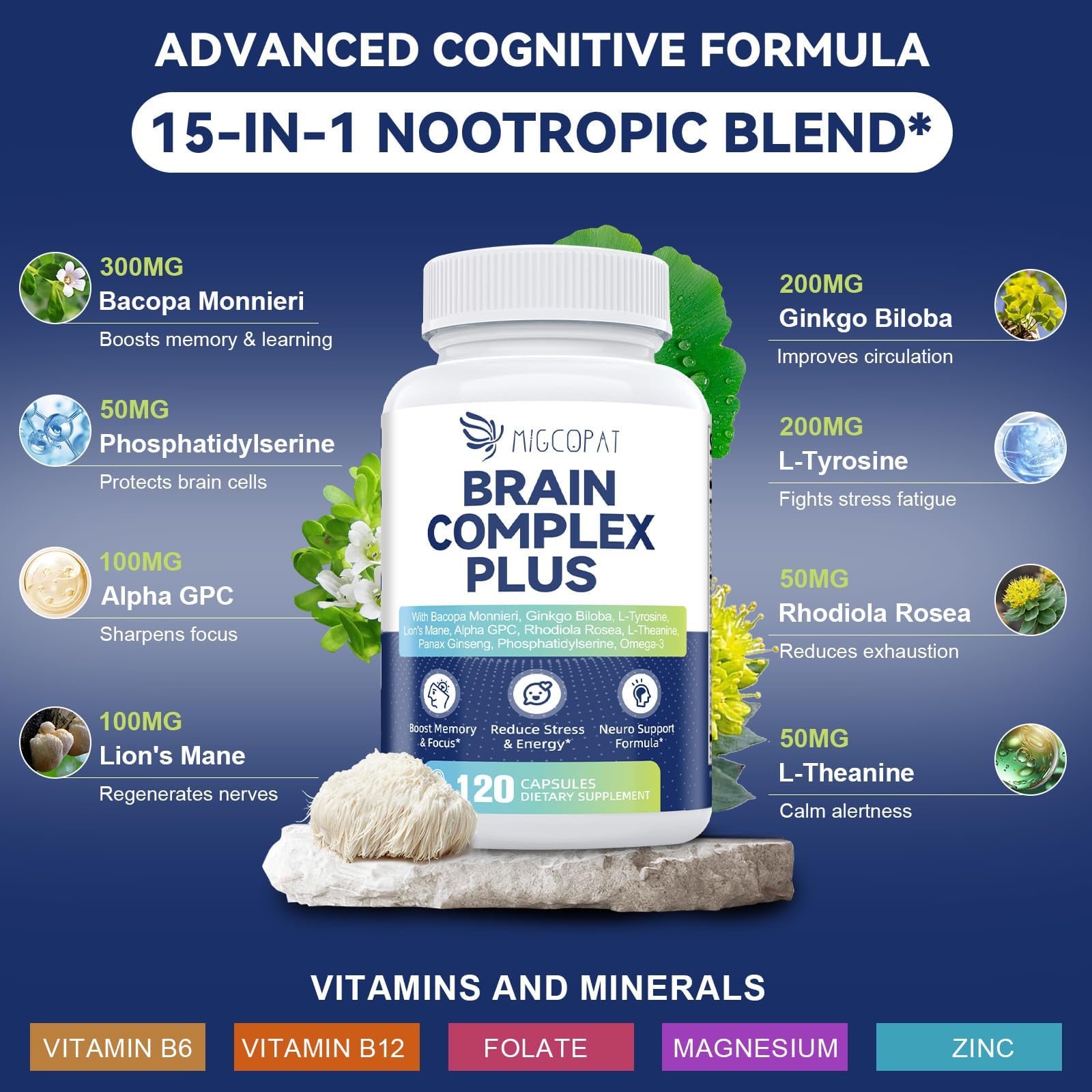 Brain Supplements for Memory and Focus | Nootropic with Bacopa Monnieri, Lion's Mane, Alpha GPC, Ginkgo Biloba | Mental Clarity & Cognitive Support | Vitamin B6 & B12 Neuro Health - Non-GMO, 120 Caps MigcopatBuy Supplements Australia