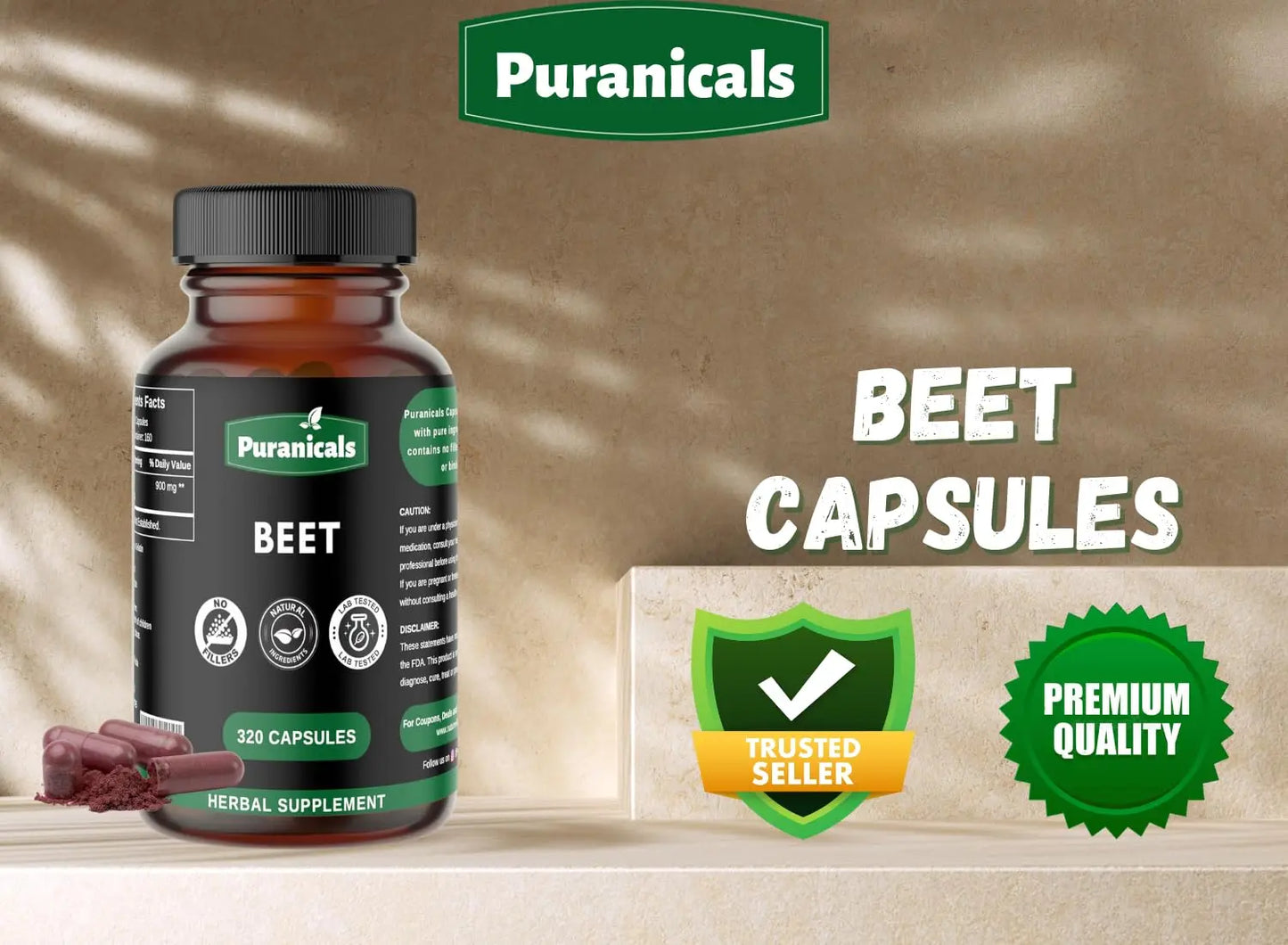 Puranicals Beet Premium 320 Capsules Nitric Oxide Booster | Herbal Supplement | 900 mg Puranicals