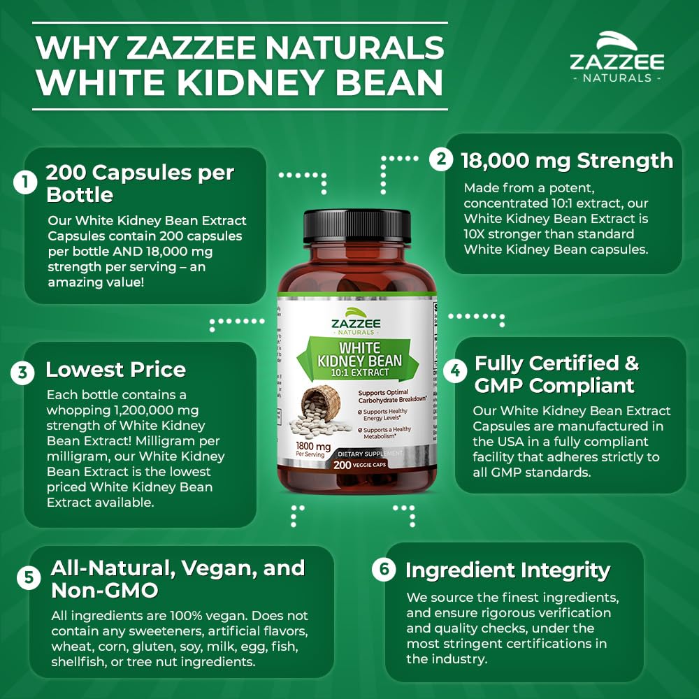 Zazzee White Kidney Bean 10:1 Extract, 18,000 mg Strength, 200 Vegan Capsules, Over 2 Month Supply Zazzee