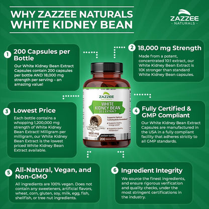 Zazzee White Kidney Bean 10:1 Extract, 18,000 mg Strength, 200 Vegan Capsules, Over 2 Month Supply Zazzee