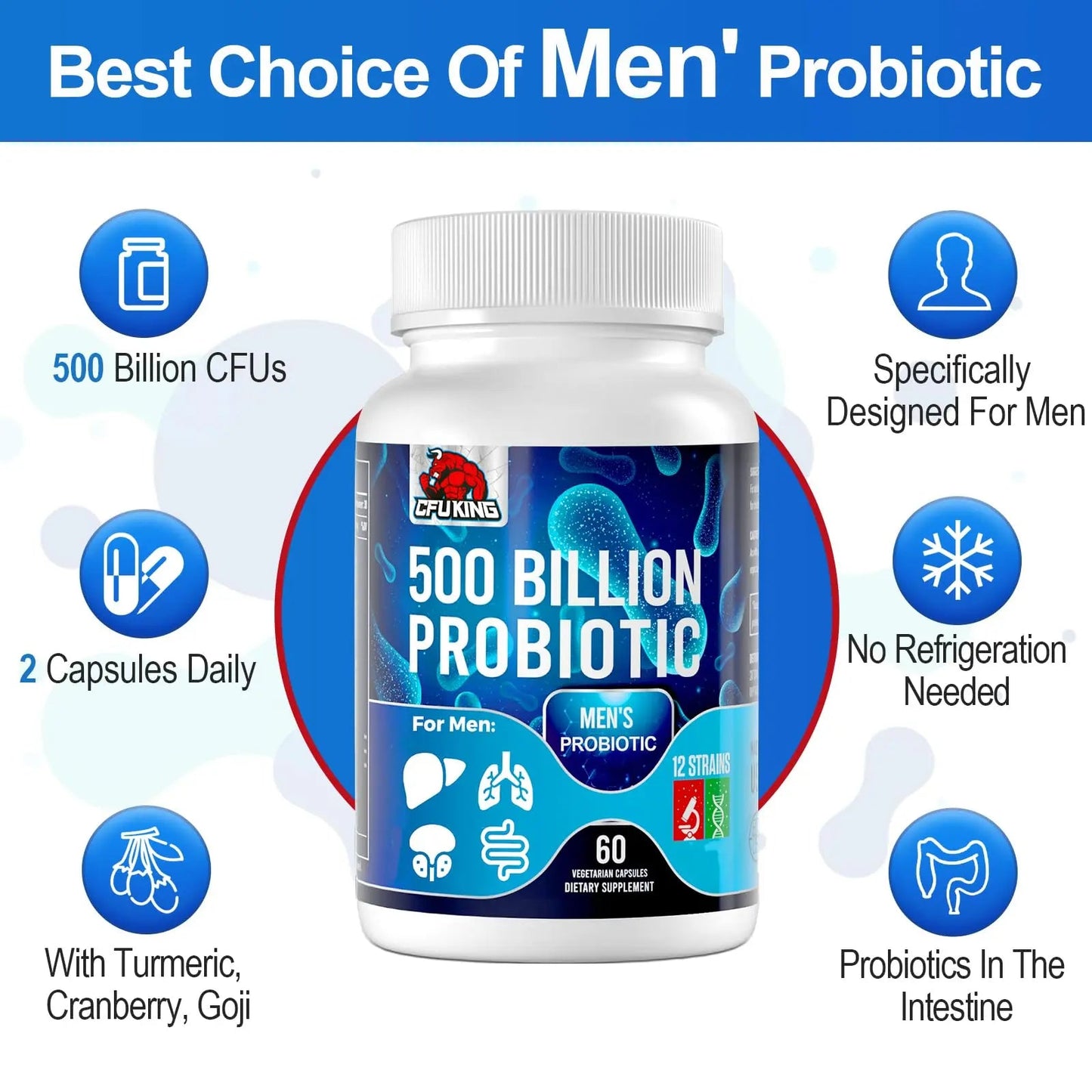 Probiotics for Men, 500 Billion CFU & 12 Mens Probiotic for Digestive Health + 4 Organic Prebiotic Fiber, for Digestive, Gut, Immune Health, Bloating, Gas, Energy Support, Shelf Stable - 120 Capsules CFUKING buy supplements Au