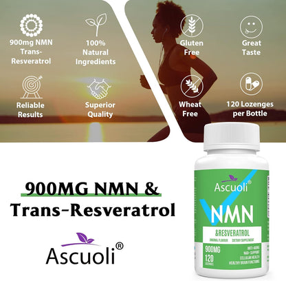 Sublingual NMN 500mg + Trans-Resveratrol 400mg, 3-in-1 Advanced Formula 99% Pure NMN Resveratrol Supplement for Boost* NAD, Cell, Immune, Energy & Muscle, Anti-Aging, 120 Lozenges, 120-Day Supply AscuoliBuy Supplements Australia