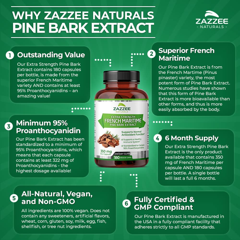 Zazzee Extra Strength French Maritime Pine Bark Extract, 350 mg Per Capsule Zazzee