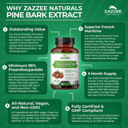 Zazzee Extra Strength French Maritime Pine Bark Extract, 350 mg Per Capsule Zazzee