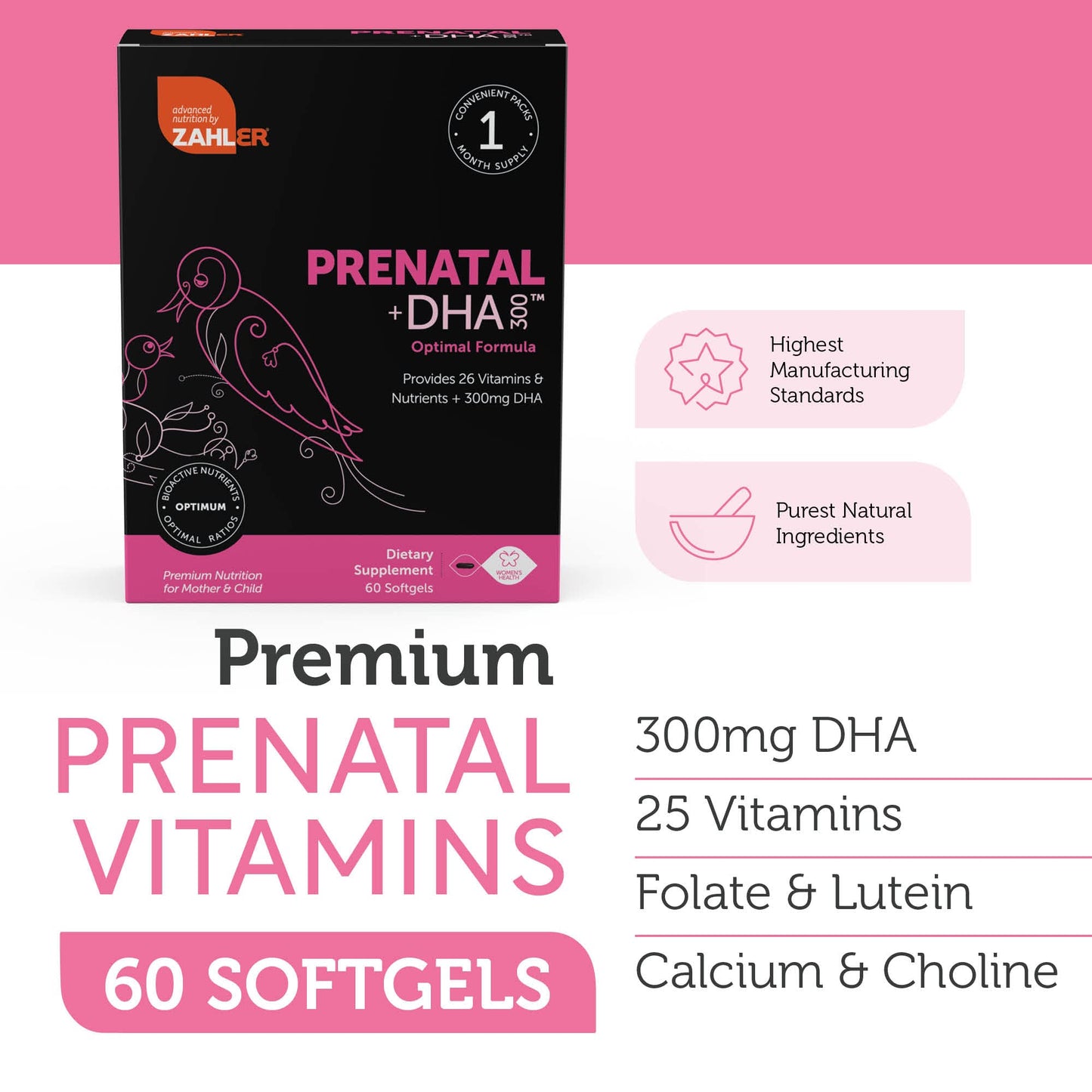Zahler Prenatal Vitamin with DHA & Folate - DHA Supplements & Prenatal Multivitamin Zahler